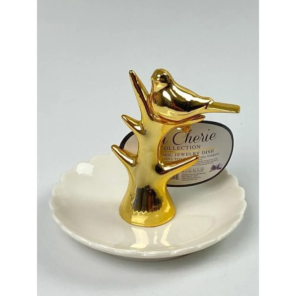 Sicura Qui Cherie Collection Ceramic Bird Jewelry Trinket Dish Small Gold White